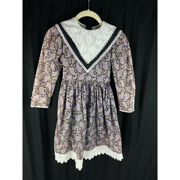 Dresses & Skirts - 60s Bib Floral Prairie Peasant Western Lace Trim Kids‎ Dress Size 6-9 Boho